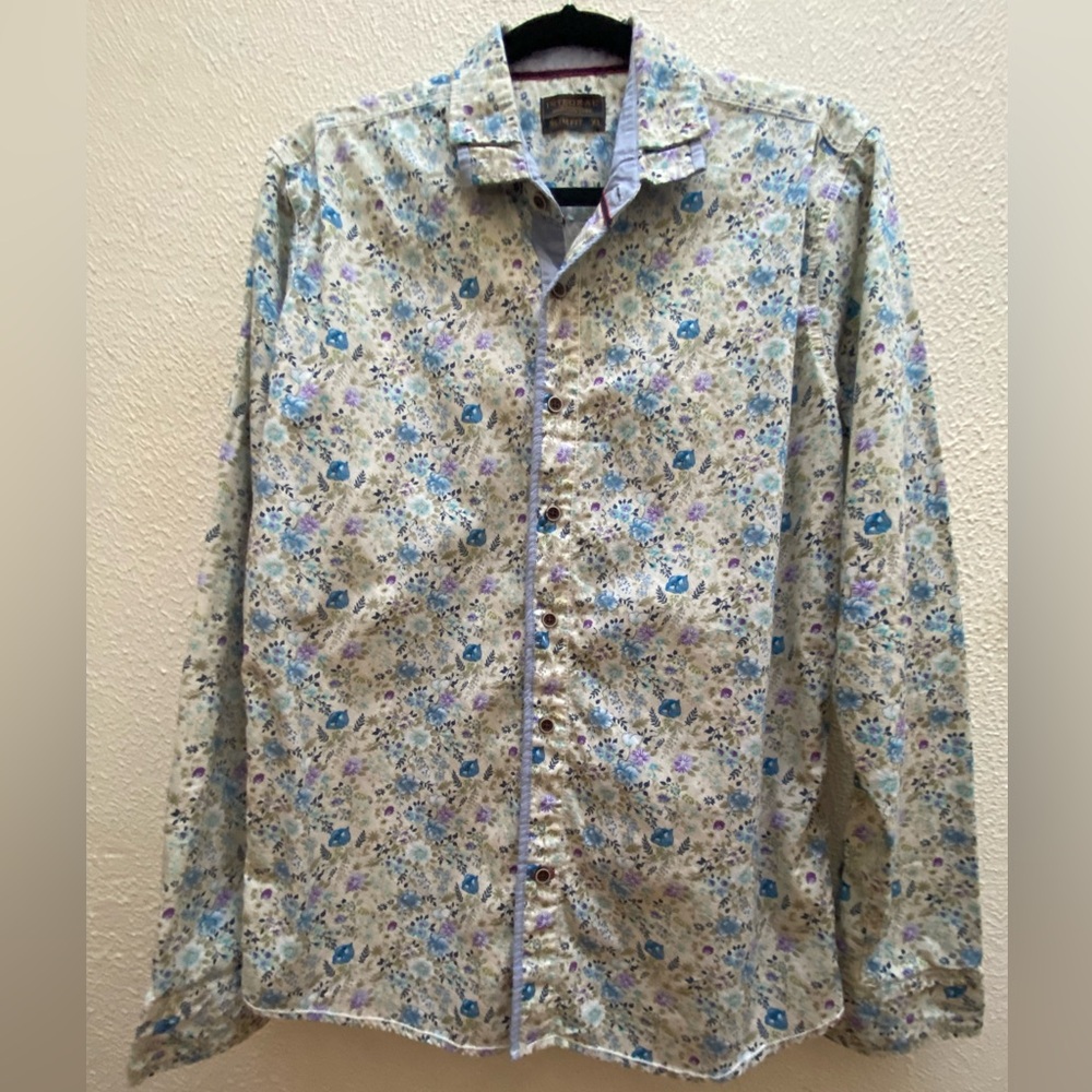 Integral Denim Couture Blue Floral Long Sleeve Button Up Shirt Size XL Slim Fit